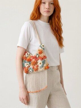 Beaded Fringed Seashells 3D Multicolor Shoulder Bag Handcrafted in India NWT